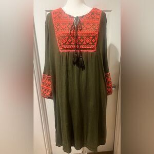 ANA Women's Size XL Green Pink Bell Sleeve Boho EmbroideredDress